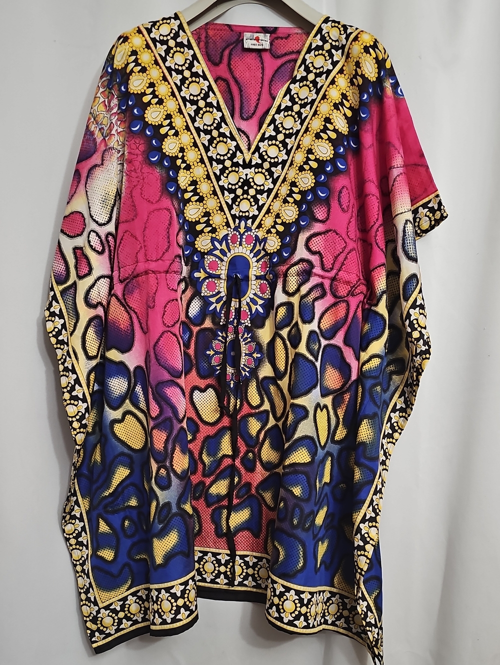Kaftan Tunic Dress Vibrant Animal Print V-Neck Adjustable Drawstring Free Size